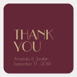 Gold Type Deco Burgundy Wedding Thank You Square Sticker