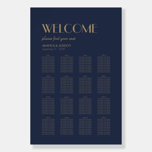 Gold Type Deco  Dark Navy Seat Chart Welcome Sign