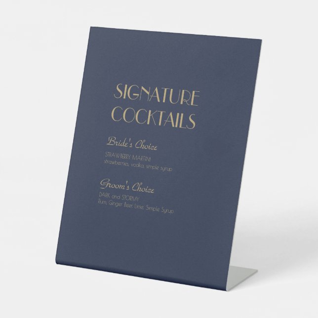 Gold Type Deco | Dark Navy Signature Cocktail Menu Pedestal Sign (Front)