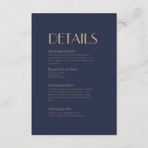 Gold Type Deco  Dark Navy Wedding Details Enclosure Card