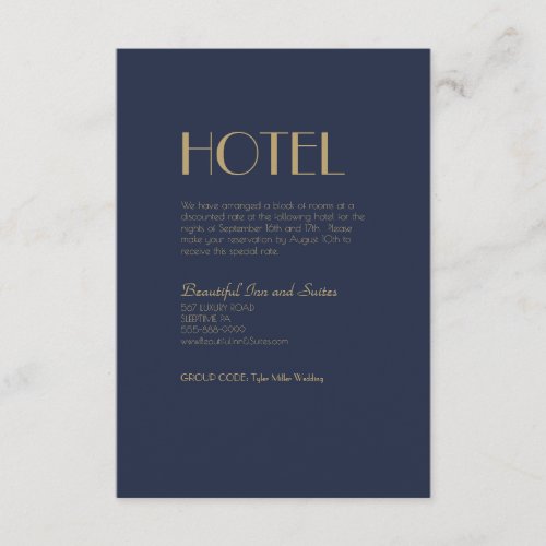 Gold Type Deco  Dark Navy Wedding Hotel Enclosure Card