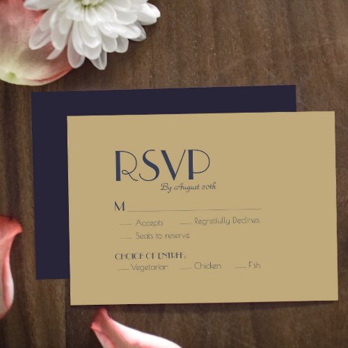 Gold Type Deco  Dark Navy Wedding Meal Choice RSVP Card