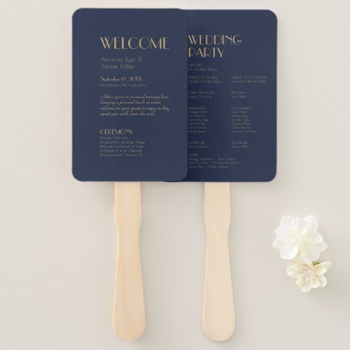 Gold Type Deco  Dark Navy Wedding Program Hand Fan