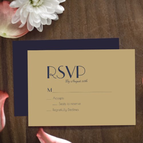 Gold Type Deco  Dark Navy Wedding RSVP Card