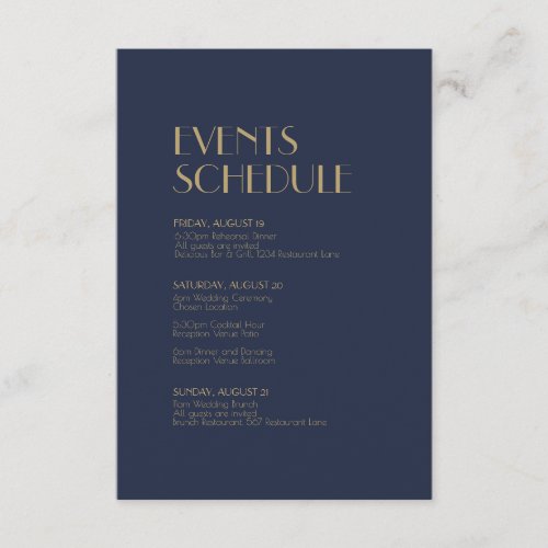 Gold Type Deco  Dark Navy Wedding Schedule Enclosure Card