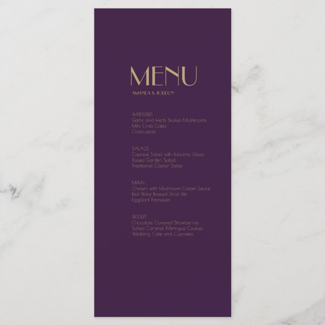 Gold Type Deco | Dark Purple Dinner Drink Menu (Front)