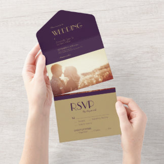 Gold Type Deco | Dark Purple Photo Wedding All In One Invitation