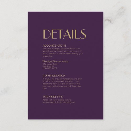 Gold Type Deco  Dark Purple Wedding Details Enclosure Card