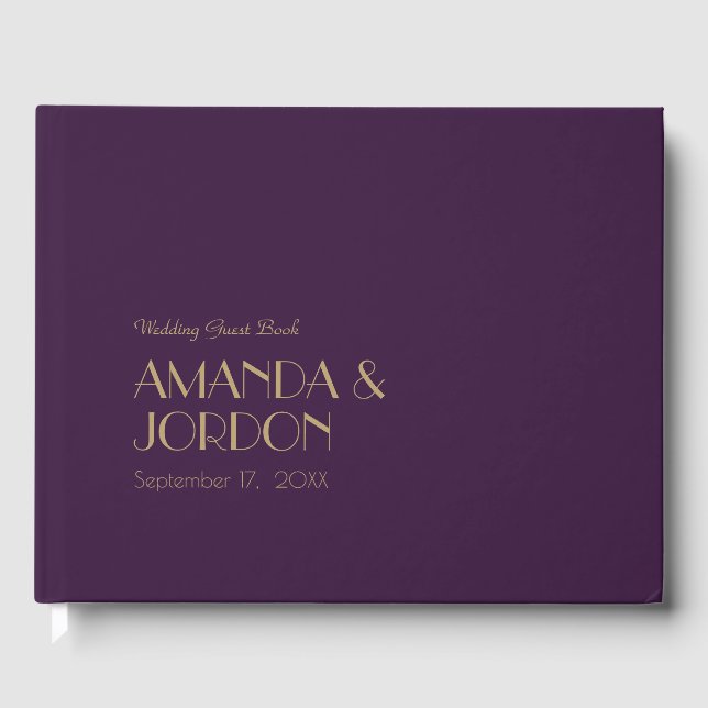 Gold Type Deco | Dark Purple Wedding Guest Book (Front)