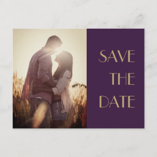 Gold Type Deco Dark Purple Wedding Photo Save Date Announcement Postcard