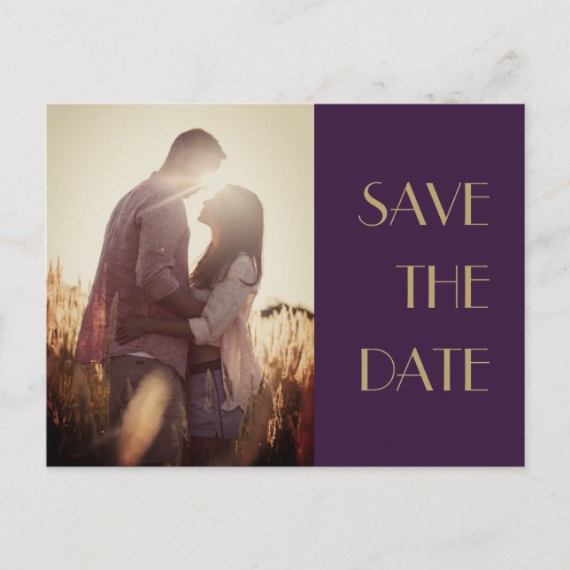 Gold Type Deco Dark Purple Wedding Photo Save Date Announcement Postcard (Front)