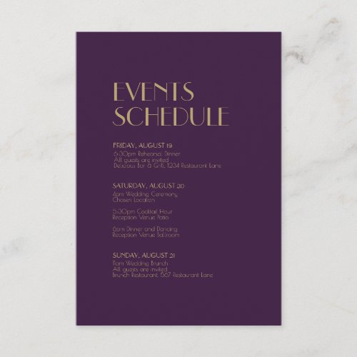 Gold Type Deco  Dark Purple Wedding Schedule Enclosure Card