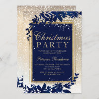 gold typography blue leaf snow elegant Christmas Invitation