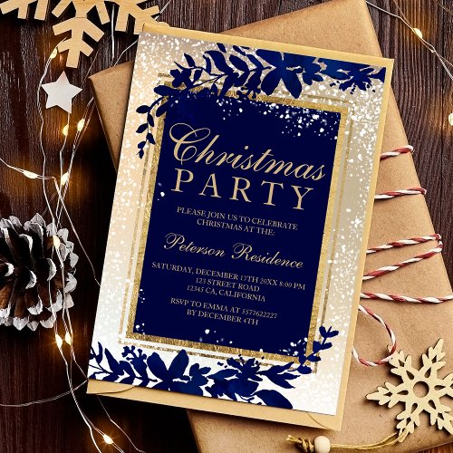 gold typography blue leaf snow elegant Christmas Invitation
