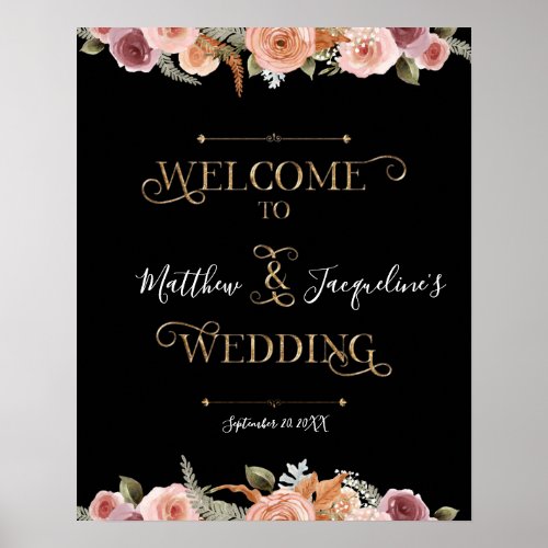 Gold Typography Blush Floral Black Welcome Wedding Poster