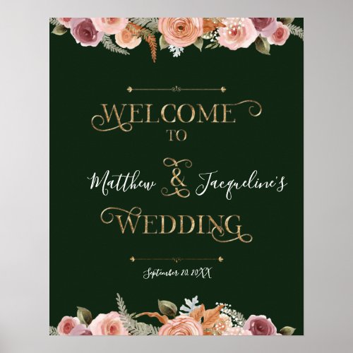 Gold Typography Blush Floral Green Welcome Wedding Poster