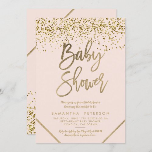 Gold typography blush pink confetti Baby shower Invitation - Gold script typography with gold confetti gold geometric stripes on blush pink Baby shower invitation.