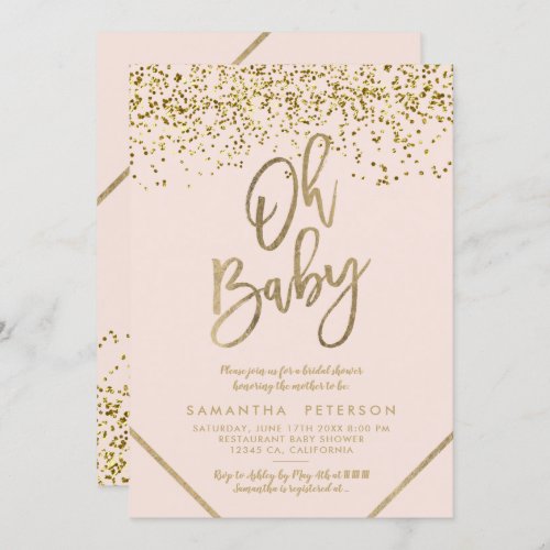 Gold typography blush pink confetti Oh Baby shower Invitation - Gold script typography with gold confetti gold geometric stripes on blush pink Oh Baby shower invitation.