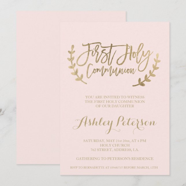 Gold typography blush pink First Holy Communion Invitation (Front/Back)