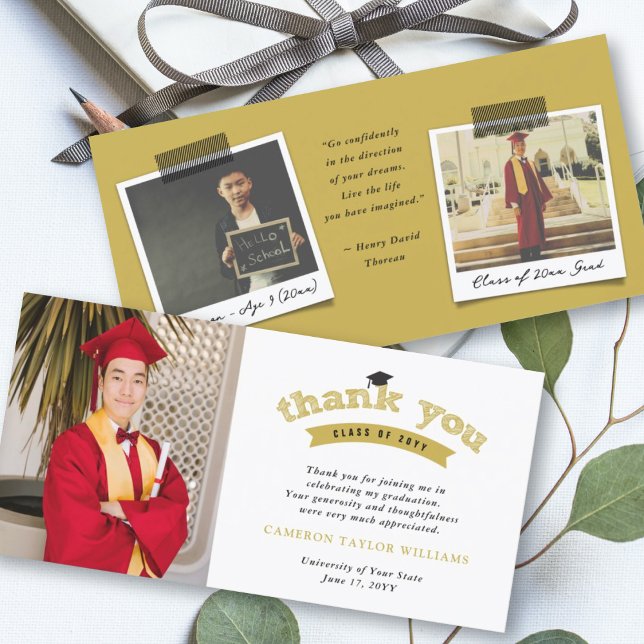 Gold Typography Bold Sketch Graduation Cap Photo Thank You Card (Creator Uploaded)