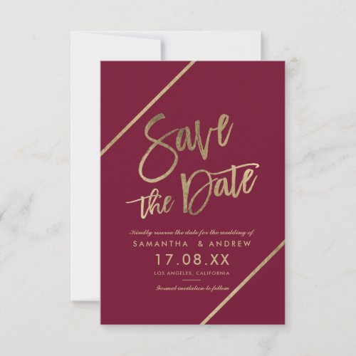 Gold typography burgundy marsala red save the date