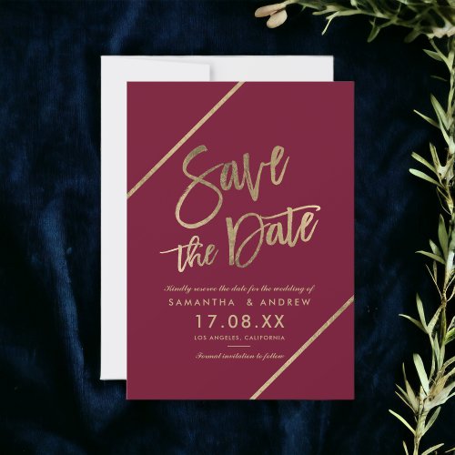 Gold typography burgundy marsala red save the date