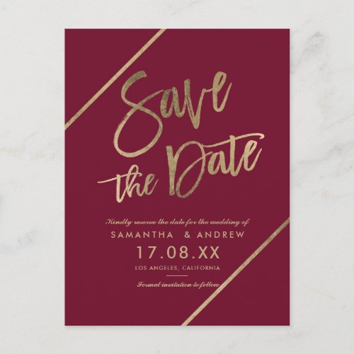 Gold typography burgundy marsala red save the date announcement postcard