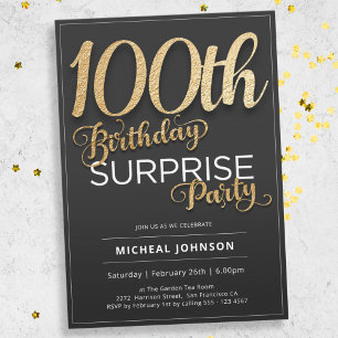 Gold Typography Custom Surprise 100th Birthday Invitation