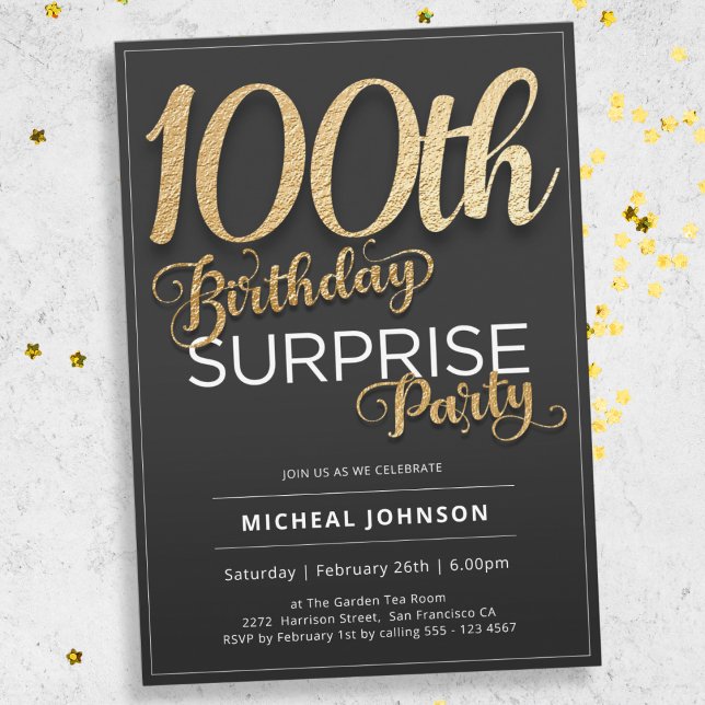 Gold Typography Custom Surprise 100th Birthday  Invitation (Mockup View)