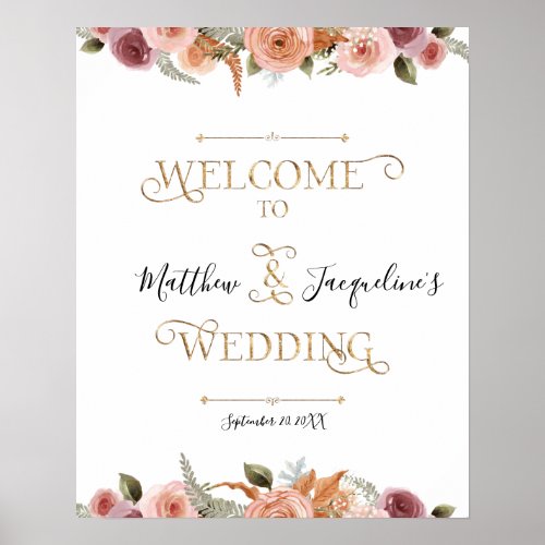 Gold Typography Dusty Blush Floral Welcome Wedding Poster