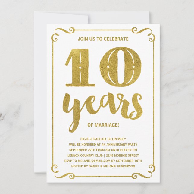 Gold Typography | Faux Foil 10th Anniversary Invitation (Front)