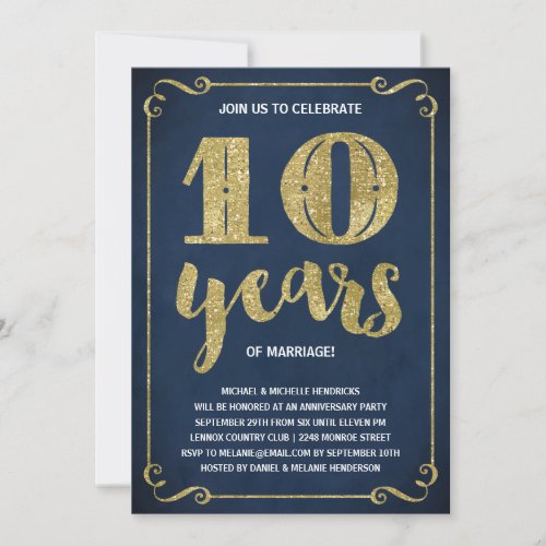 Gold Typography  Faux Foil 10th Anniversary Invitation