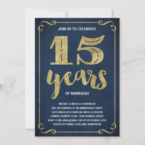 Gold Typography  Faux Foil 15th Anniversary Invitation