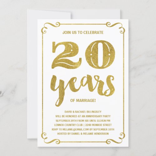 Gold Typography  Faux Foil 20th Anniversary Invitation