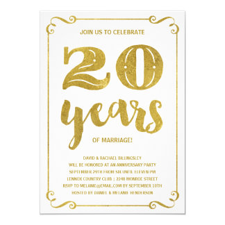 Gold Typography | Faux Foil 20th Anniversary Invitation