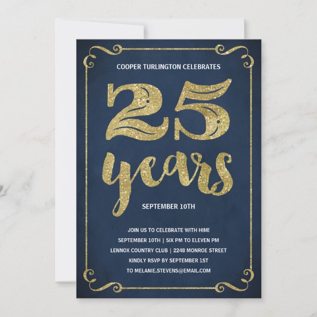 Gold Typography | Faux Foil 25th Birthday Party Invitation (Front)