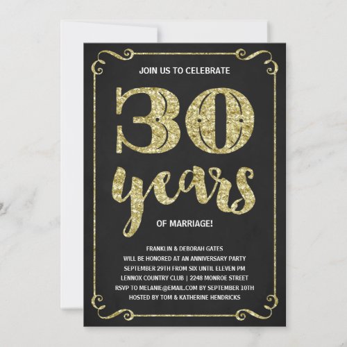 Gold Typography  Faux Foil 30th Anniversary Invitation