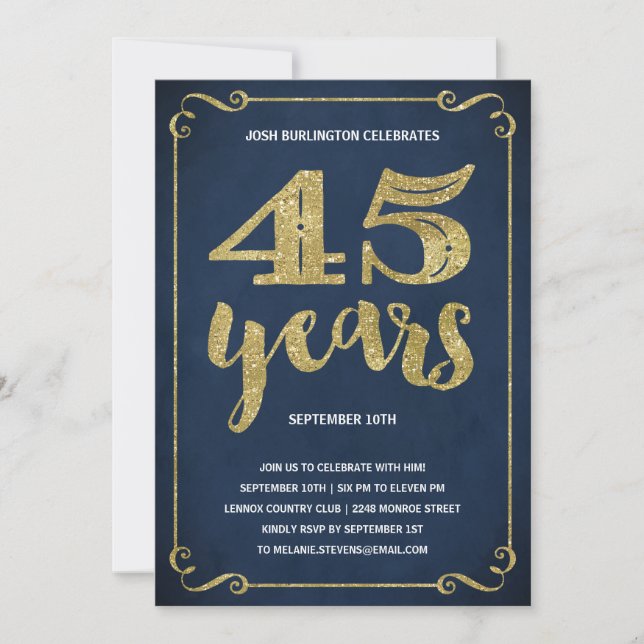 Gold Typography | Faux Foil 45th Birthday Party Invitation (Front)