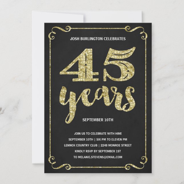 Gold Typography | Faux Foil 45th Birthday Party Invitation (Front)