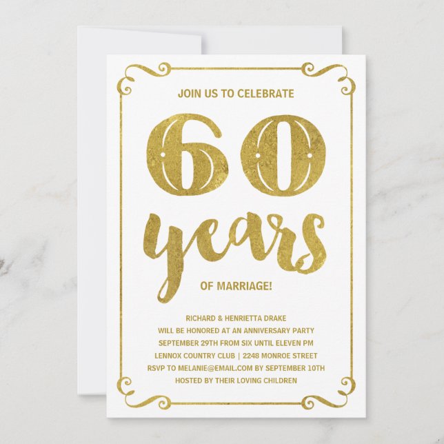 Gold Typography | Faux Foil 60th Anniversary Invitation (Front)