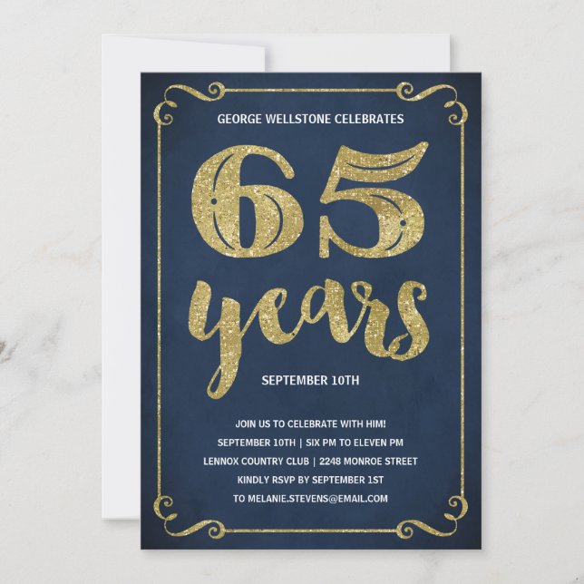 Gold Typography | Faux Foil 65th Birthday Party Invitation (Front)