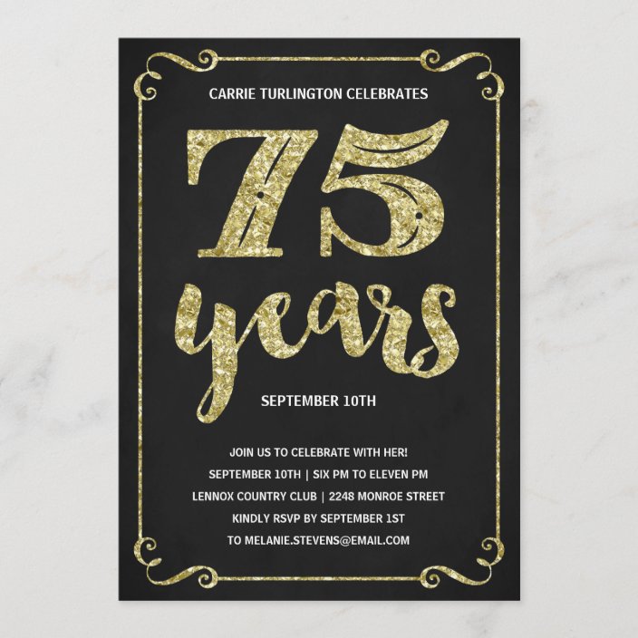 Gold Typography | Faux Foil 75th Birthday Party Invitation | Zazzle.com