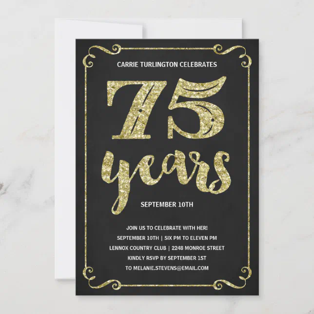 Gold Typography | Faux Foil 75th Birthday Party Invitation | Zazzle