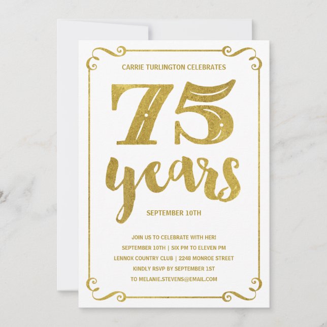Gold Typography | Faux Foil 75th Birthday Party Invitation (Front)