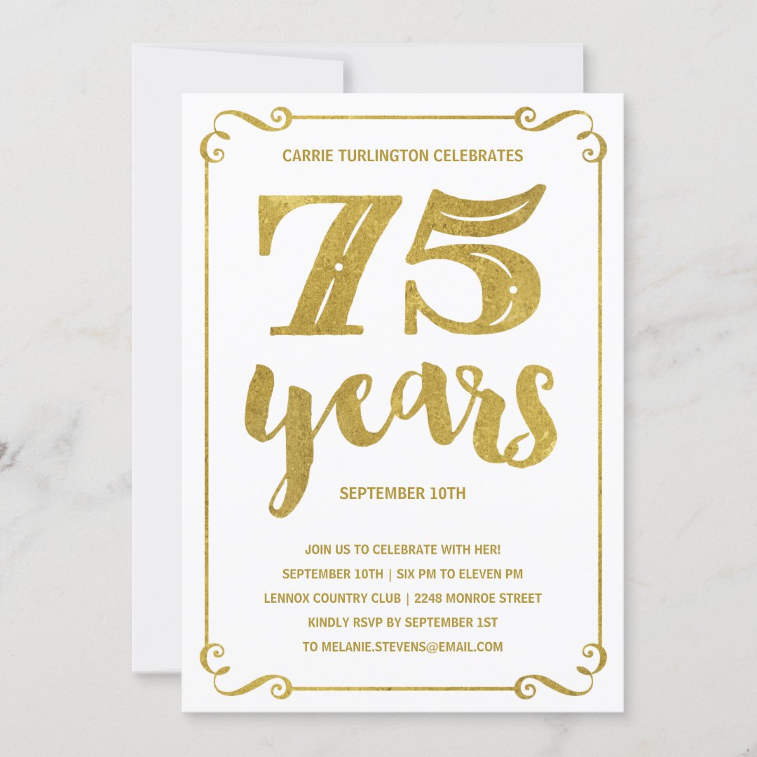 Gold Typography | Faux Foil 75th Birthday Party Invitation | Zazzle