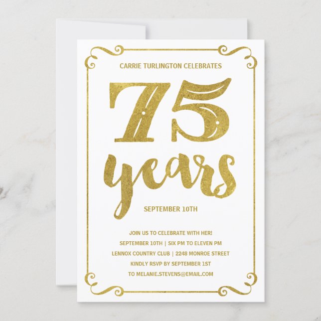 Gold Typography | Faux Foil 75th Birthday Party Invitation (Front)
