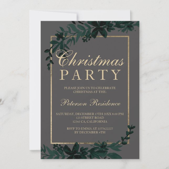 Gold typography Floral grey  leaf Christmas Invitation (Front)