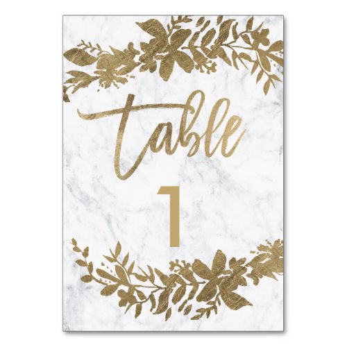 gold typography Floral marble wedding table number