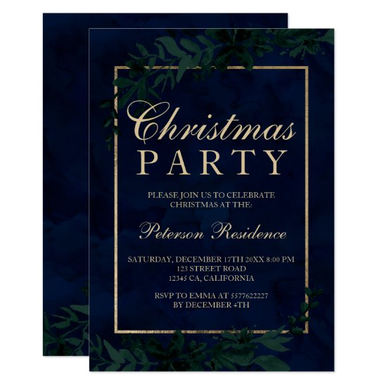 Gold typography Floral navy blue leaf Christmas Invitation