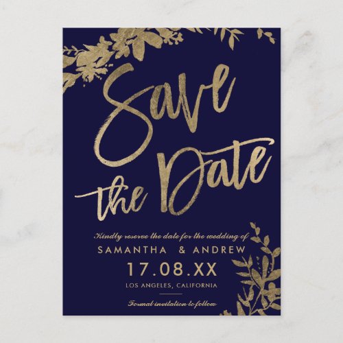Gold typography floral navy blue save the date announcement postcard